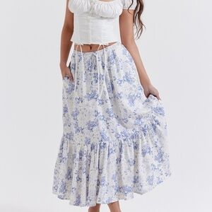 House of CB A-Line Skirt in Blue and White Floral